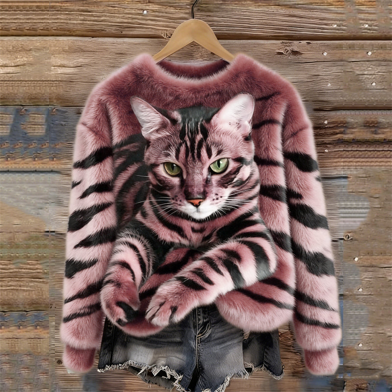 Cozy Plush Sweatshirt with a Tiger and Tabby Kitten Design