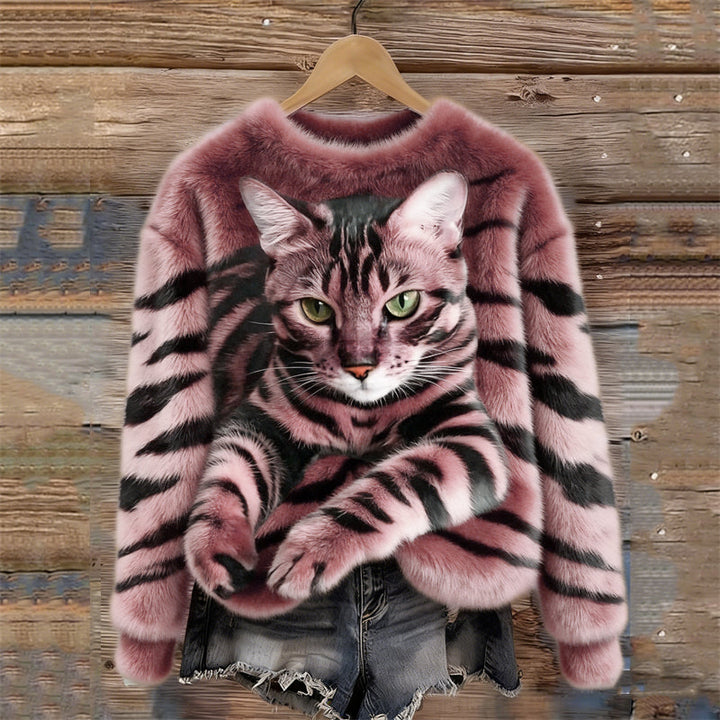 Cozy Plush Sweatshirt with a Tiger and Tabby Kitten Design