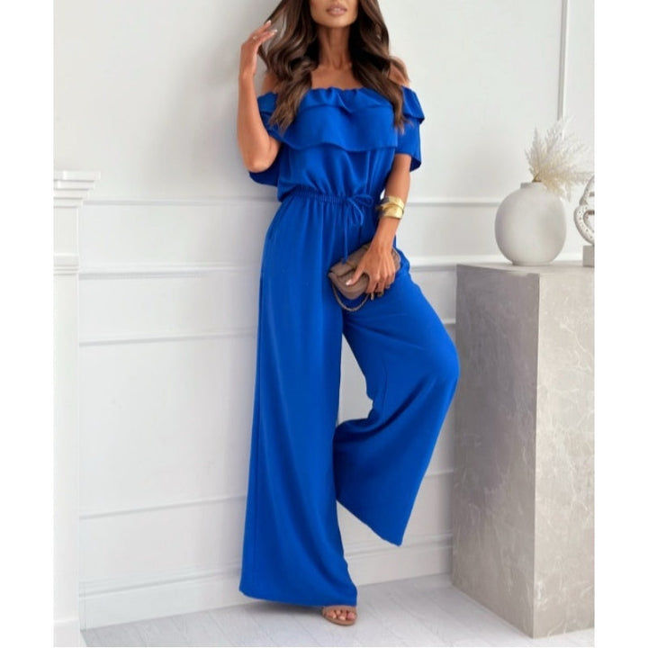 Damen Off-Shoulder Jumpsuit mit weitem Bein, Rüsche und Kordelzug