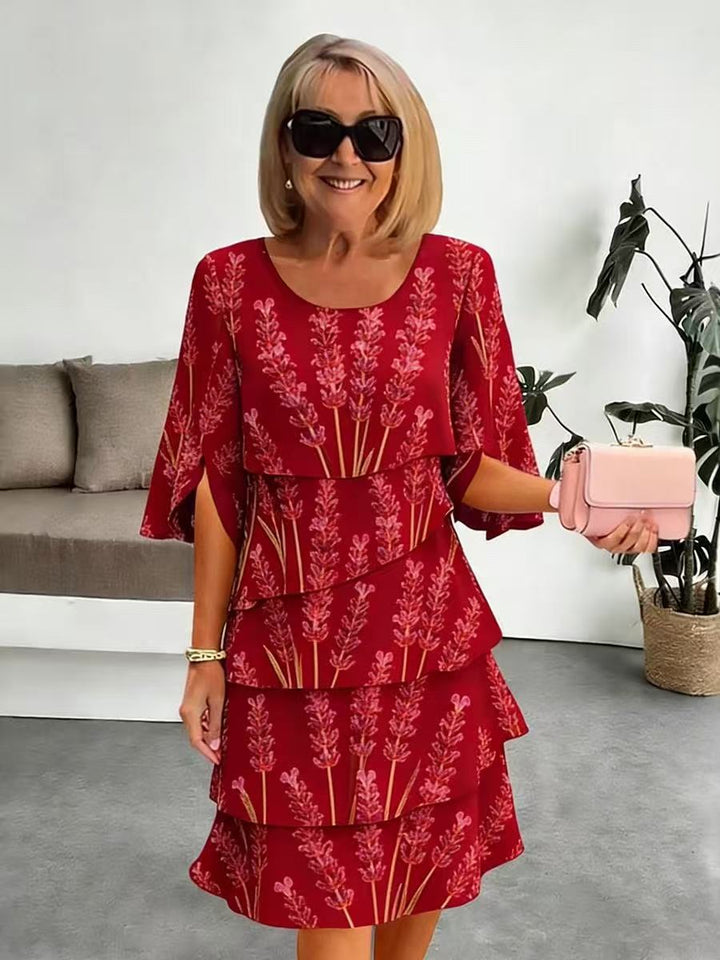 Elyvane™ - Women's Floral Ruffle Dress with Midi Length and Slit Sleeves