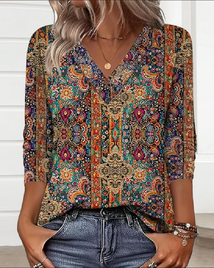 Vintage-Inspired V-Neck Print Blouse