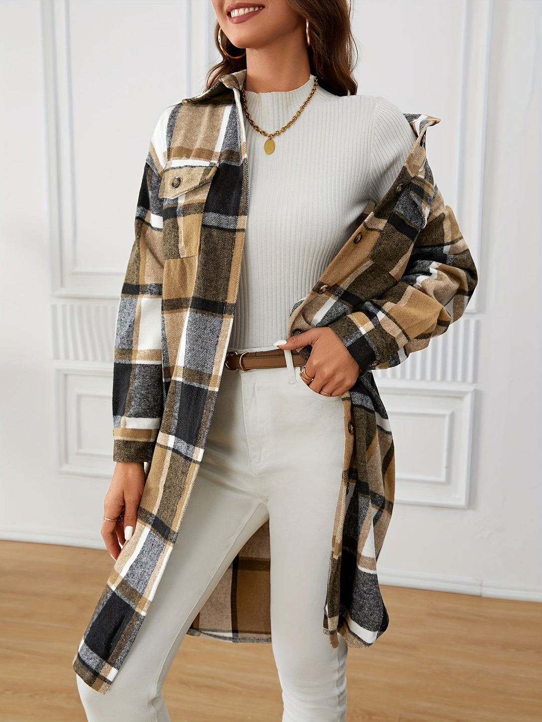 Elowen | Women's long plaid coat with buttons