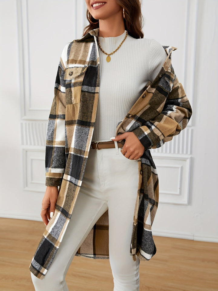 Elowen | Women's long plaid coat with buttons