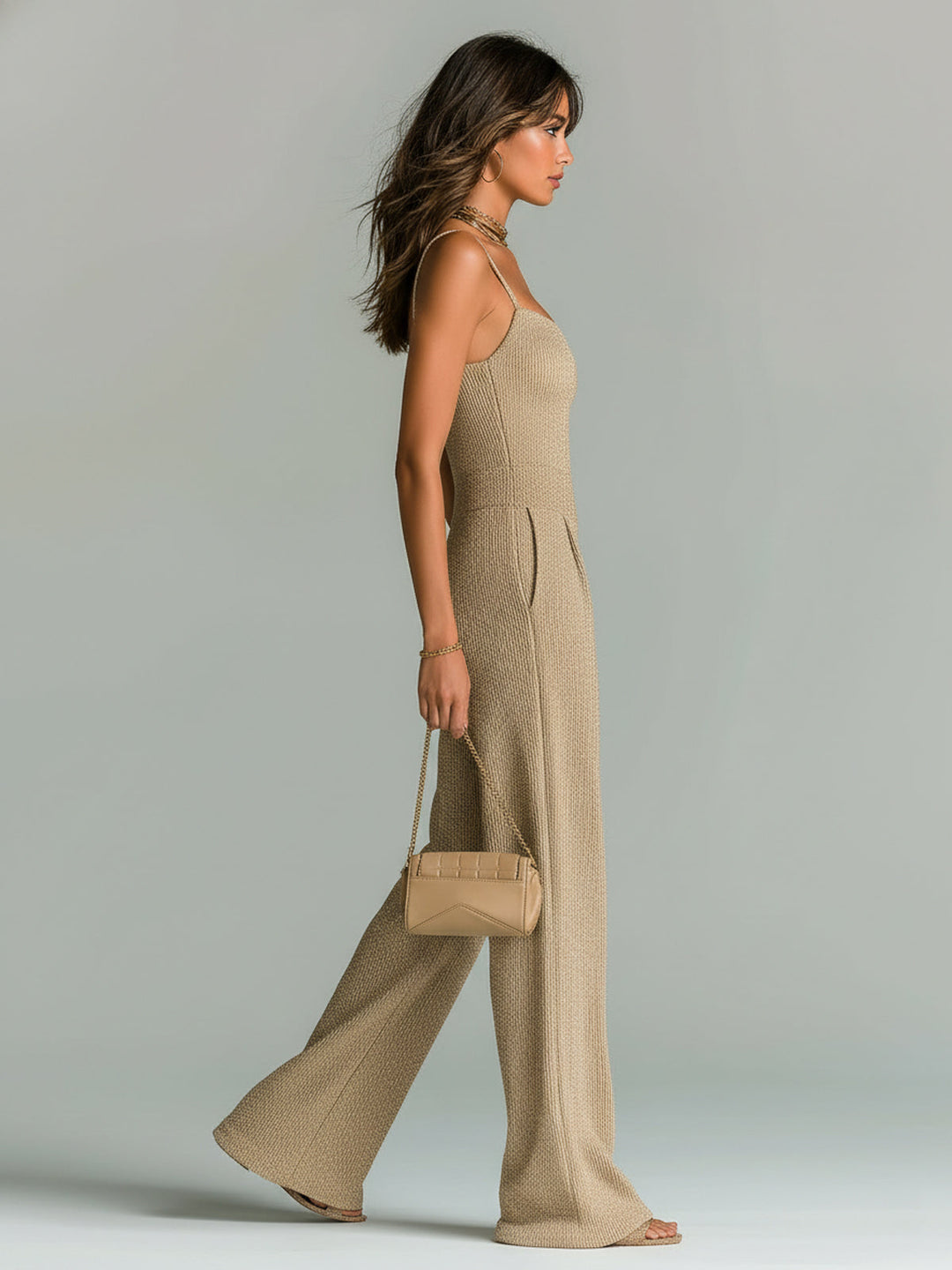 ElevenOra Stylish Camel Strappy Sleeveless Fitted Wide Leg Ribbed Knit Jumpsuit