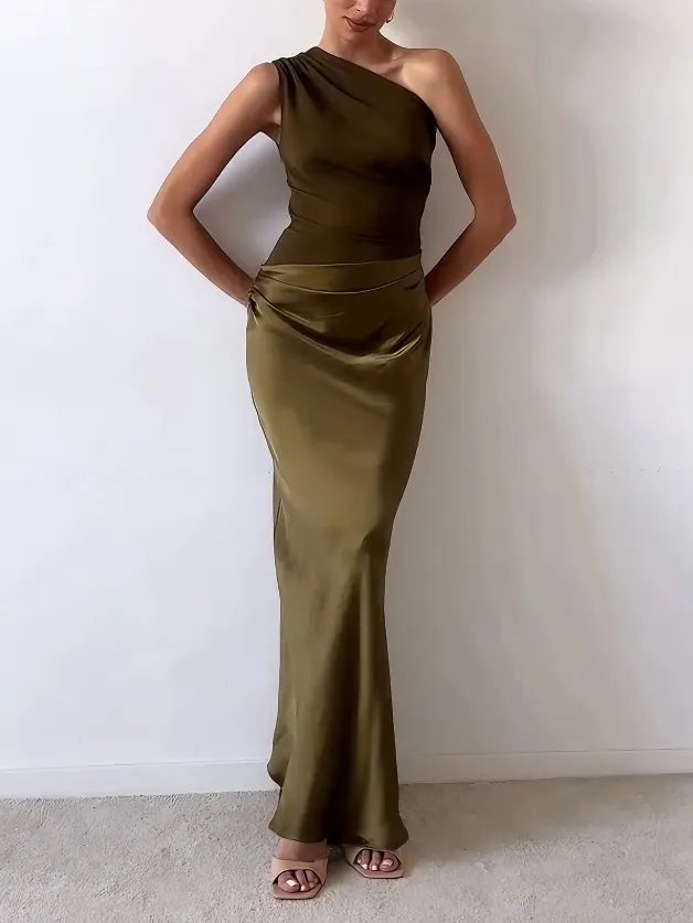 Anita™ | Chic One-Shoulder Pleated Party Maxi Dress