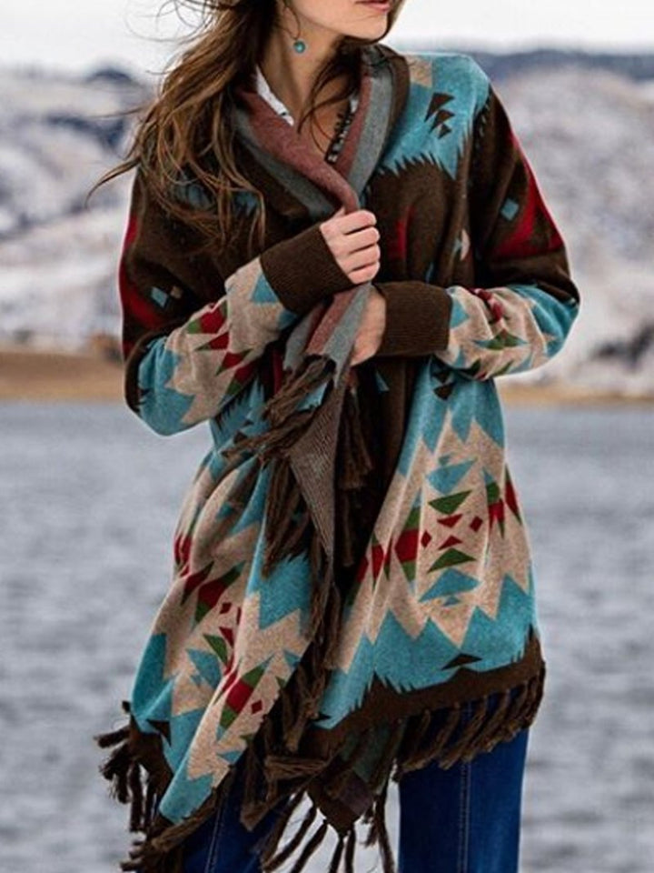 Women's wrap cardigan with fringes and long sleeves