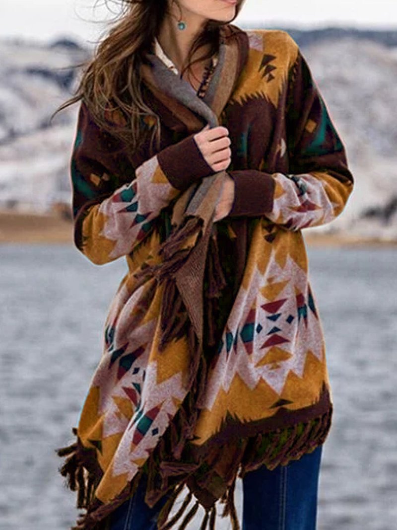 Women's wrap cardigan with fringes and long sleeves
