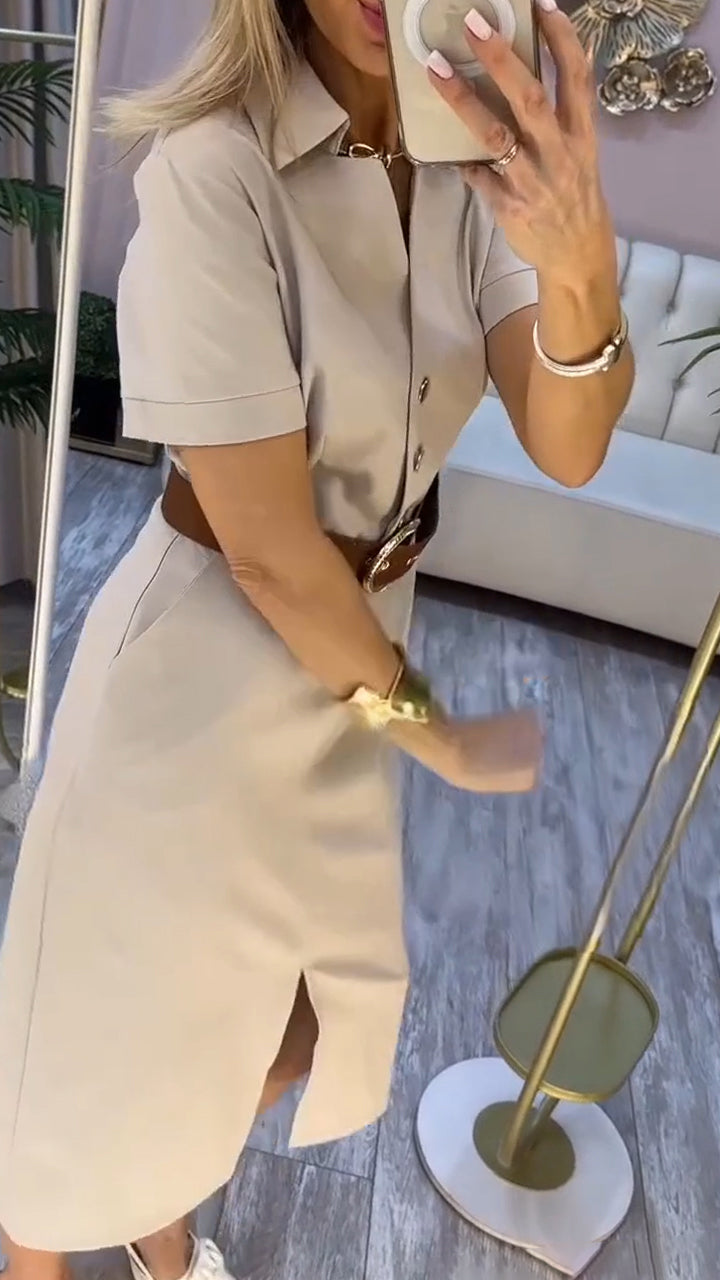 Damen Midi-Kleid mit kurzen Ärmeln, seitlichem Schlitz und Knöpfen
