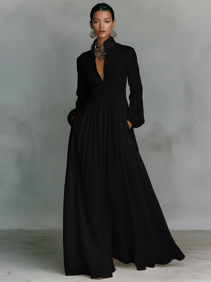 Women's Minimalist Patchwork Maxi Dress with Stand Collar and Long Sleeves, Single-Breasted.