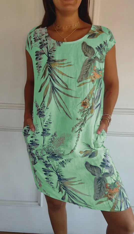Women's Cotton Linen Printed Summer Dress with Pockets