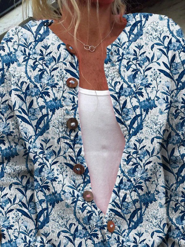 Elegant Blue and White Floral Print Button Cardigan Sweater