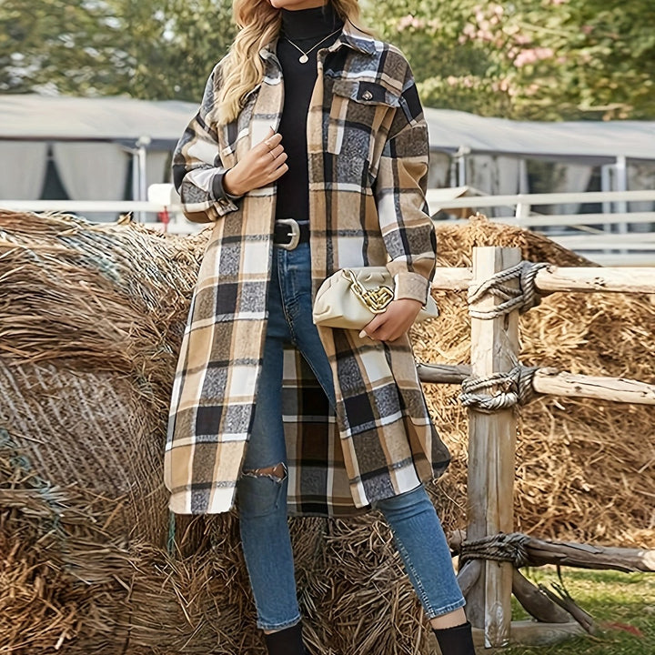 Elowen | Women's long plaid coat with buttons