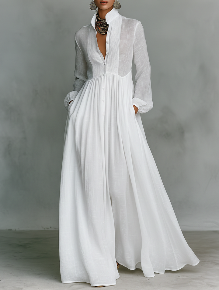 Elisa | Cotton and Linen Patchwork Maxi Dress with High Collar and Long Sleeves - Minimalist Style