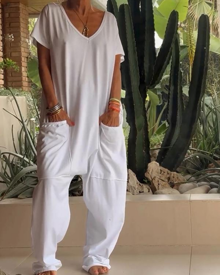 Yelena™ - Casual V-Neck Solid Color Jumpsuit