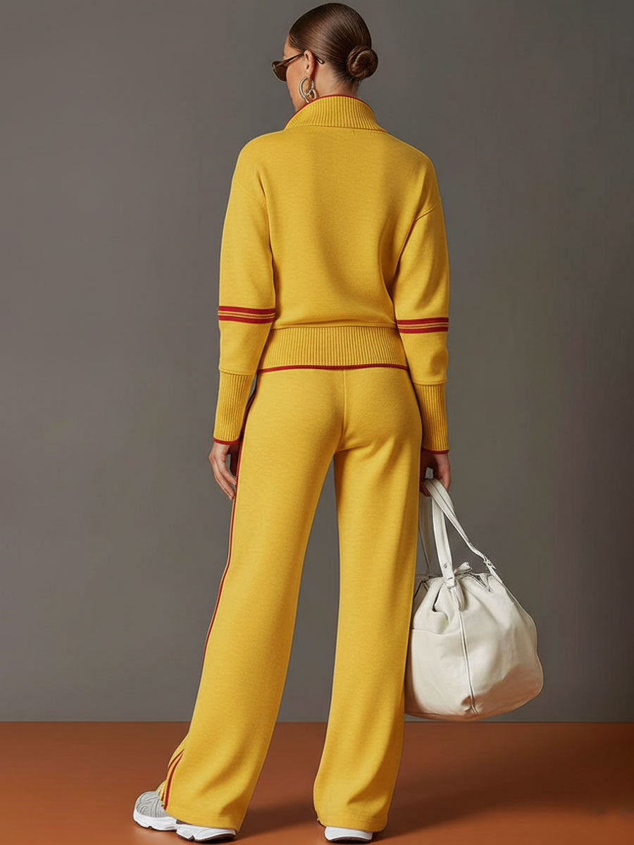 Vintage-Inspired Gray and White Half-Zip Sweatshirt with Wide-Leg Pants Set