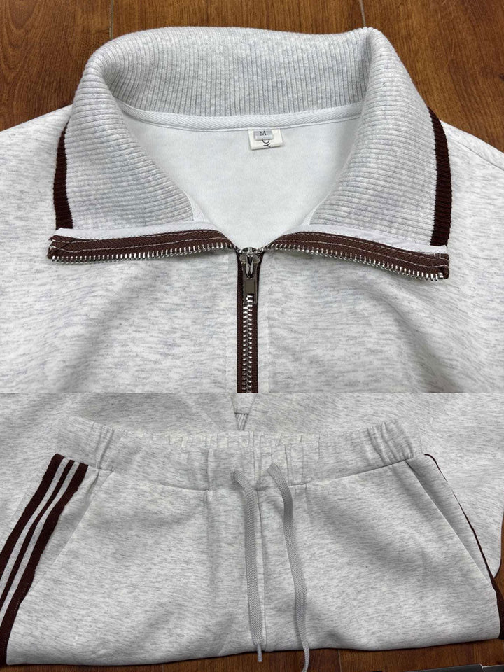 Vintage-Inspired Gray and White Half-Zip Sweatshirt with Wide-Leg Pants Set