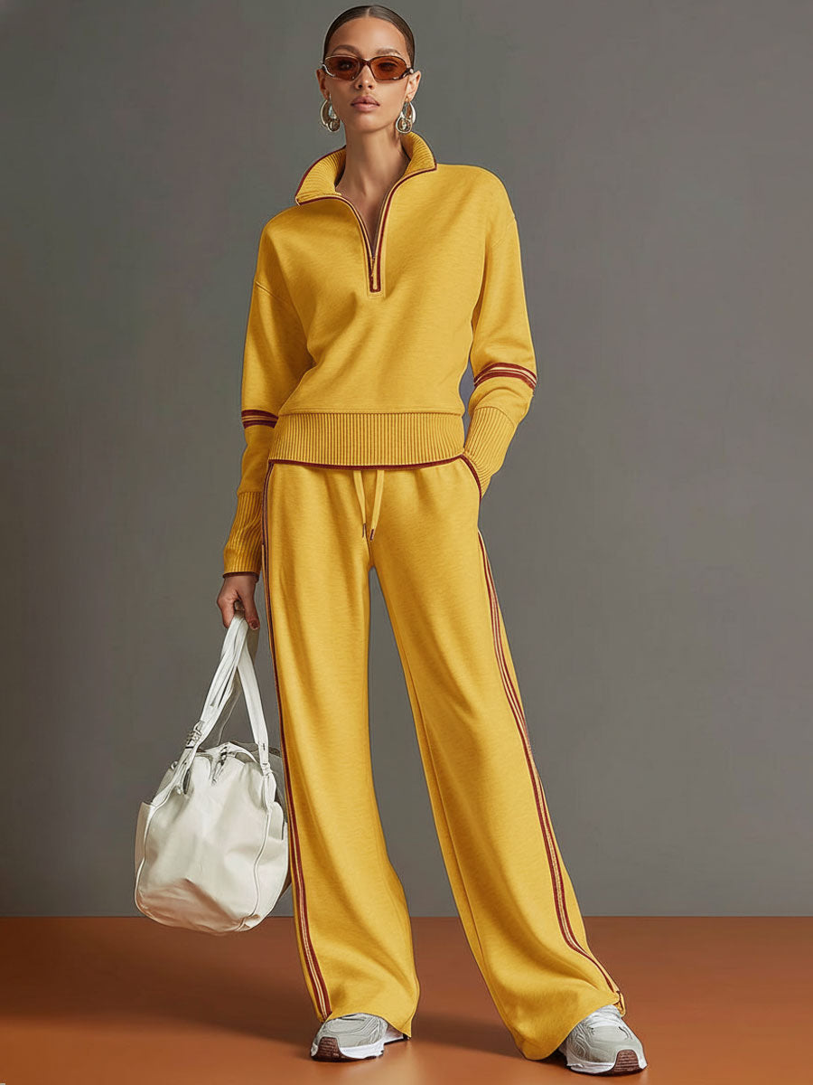 Vintage-Inspired Gray and White Half-Zip Sweatshirt with Wide-Leg Pants Set