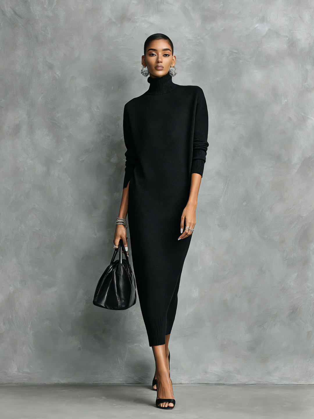 Elegant black knitted midi dress with a turtleneck, long sleeves, and a relaxed fit for women
