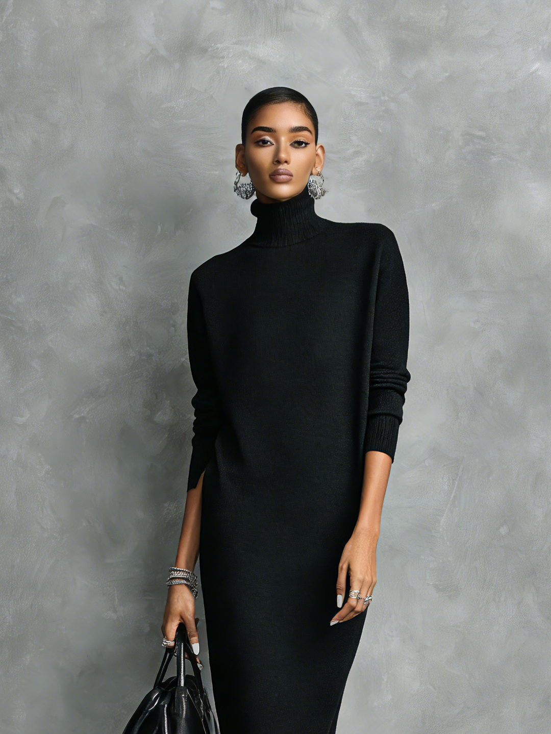 Elegant black knitted midi dress with a turtleneck, long sleeves, and a relaxed fit for women