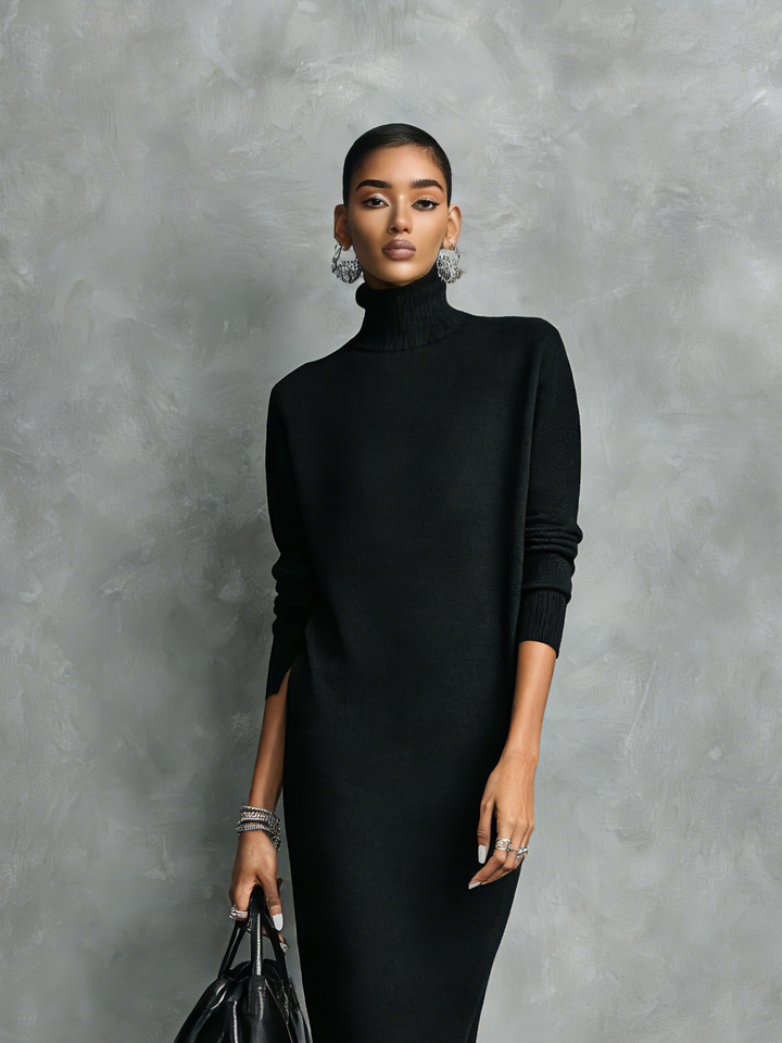 Elegant black knitted midi dress with a turtleneck, long sleeves, and a relaxed fit for women