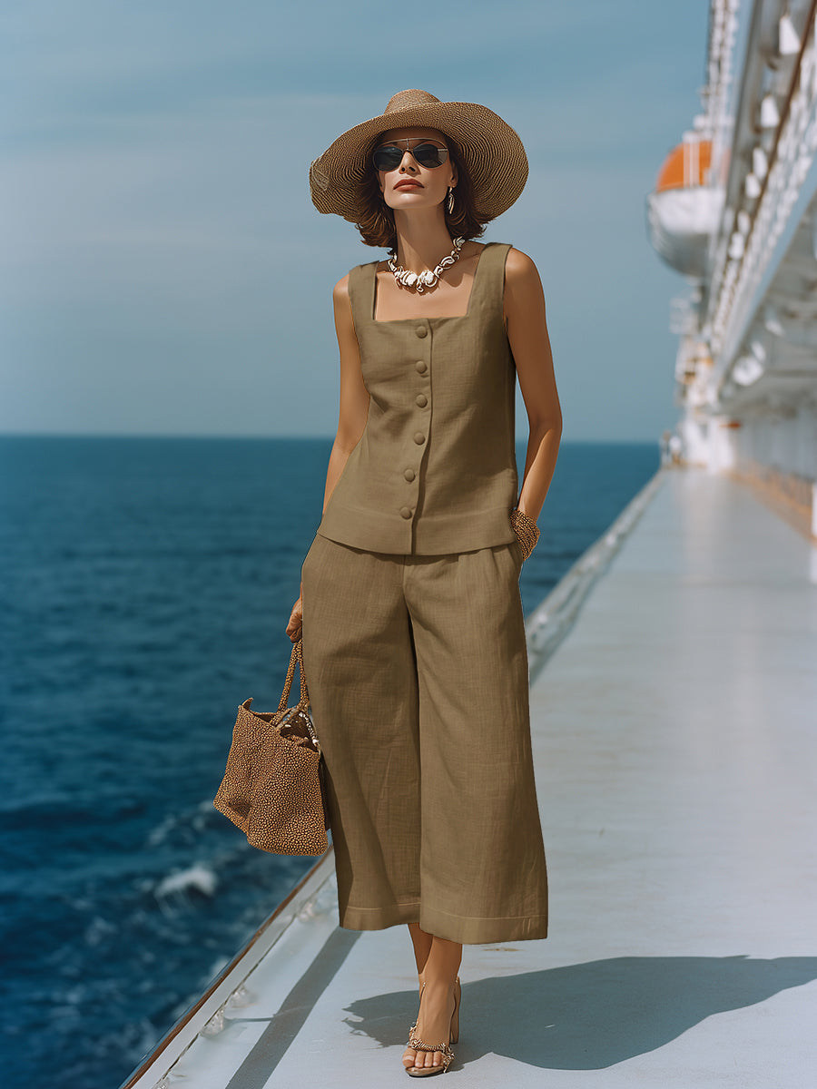 Timeless White Cotton-Linen Top with Square Neckline and Matching Capri Pants Set