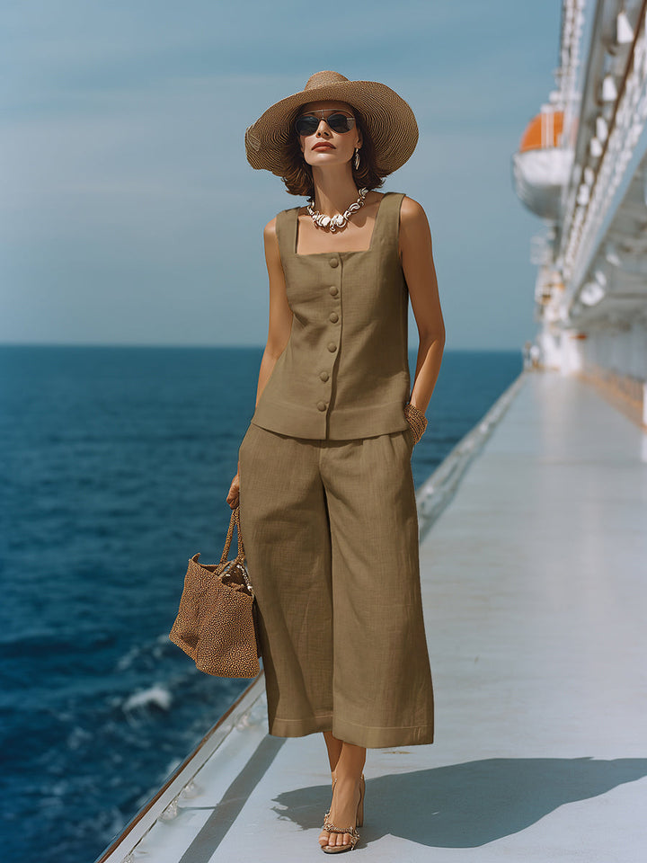 Timeless White Cotton-Linen Top with Square Neckline and Matching Capri Pants Set