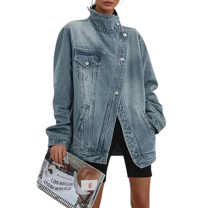 SKYE™ – Retro-Inspired Asymmetrical Jacket with High Collar and Vintage Wash