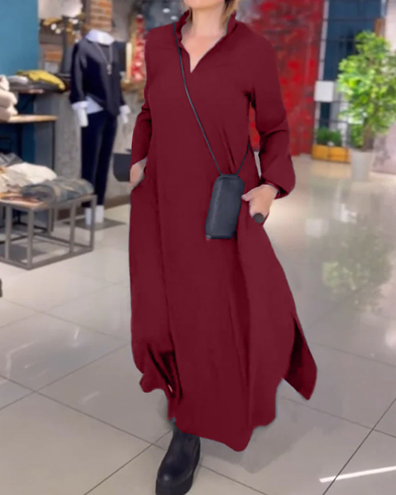 Eleanor - Loose Long Dress With Lapels And Side Slit