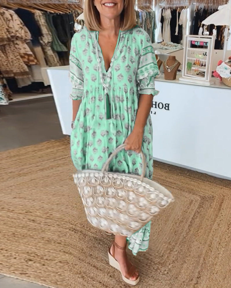 Giusy - Casual Printed V-Neck Dress With Half Sleeves