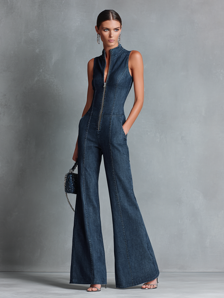 Women's dark blue retro-style sleeveless jumpsuit with stand-up collar, flared cut, and front zip.