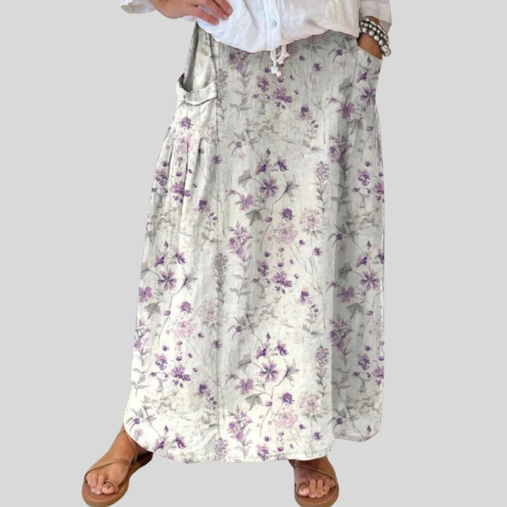 Women's Vintage Floral Art Linen Elastic Waist Pocket Skirt