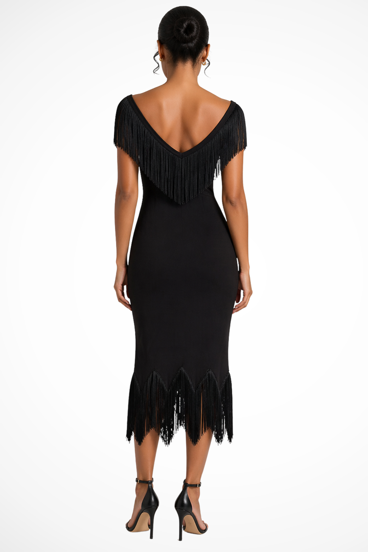 Annabel | Women's Off-Shoulder Midi Dress with Fringe Detail - Perfect for Wedding Guests
