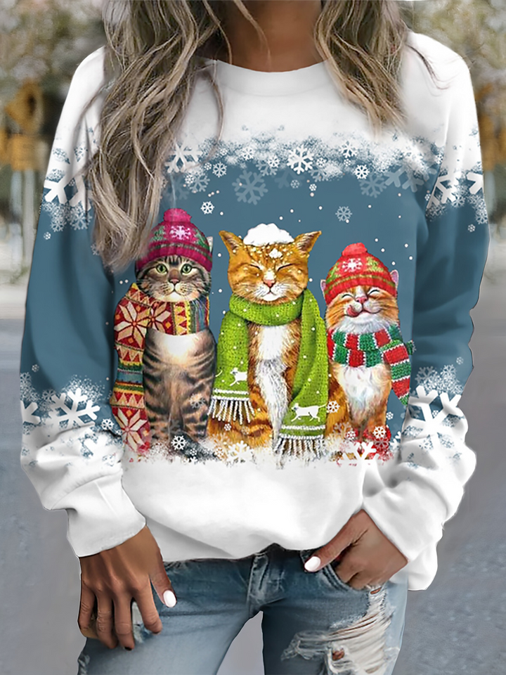Nele - Warm Winter Top With Snow Cat Print