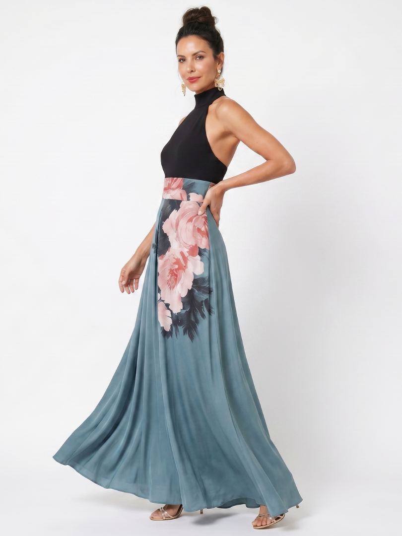 Olympas | Halter-Bodice Floral Skirt Maxi Dress