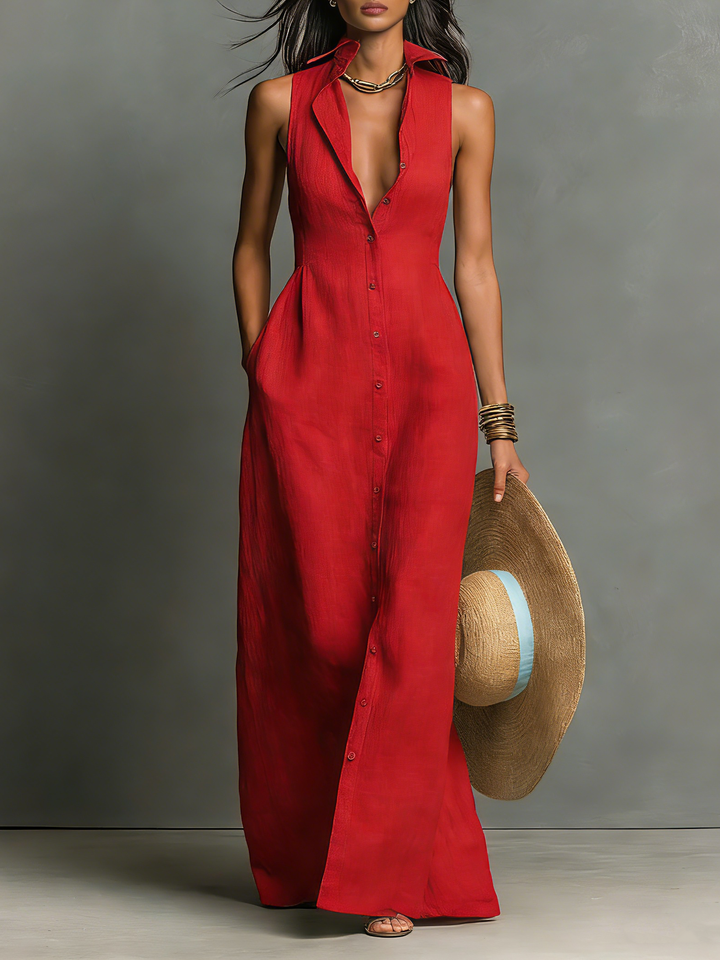 Women's Minimalist Collarless Single-Breasted Sleeveless Maxi Shirt Dress