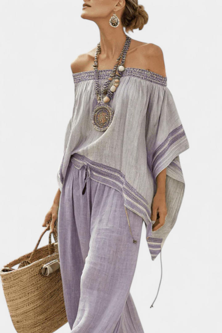 Serenella - Shoulder and wide striped pants