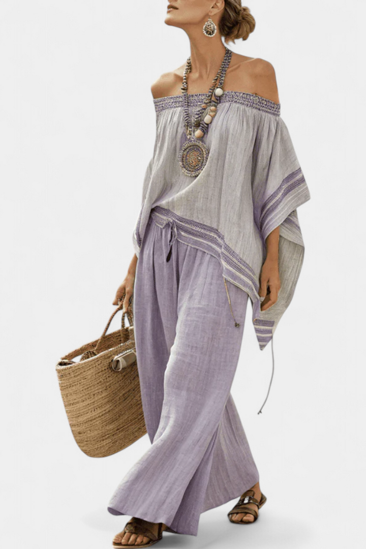 Serenella - Shoulder and wide striped pants
