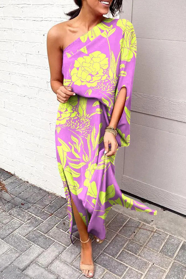Rosie maxi dress with one-shoulder design and printed hem