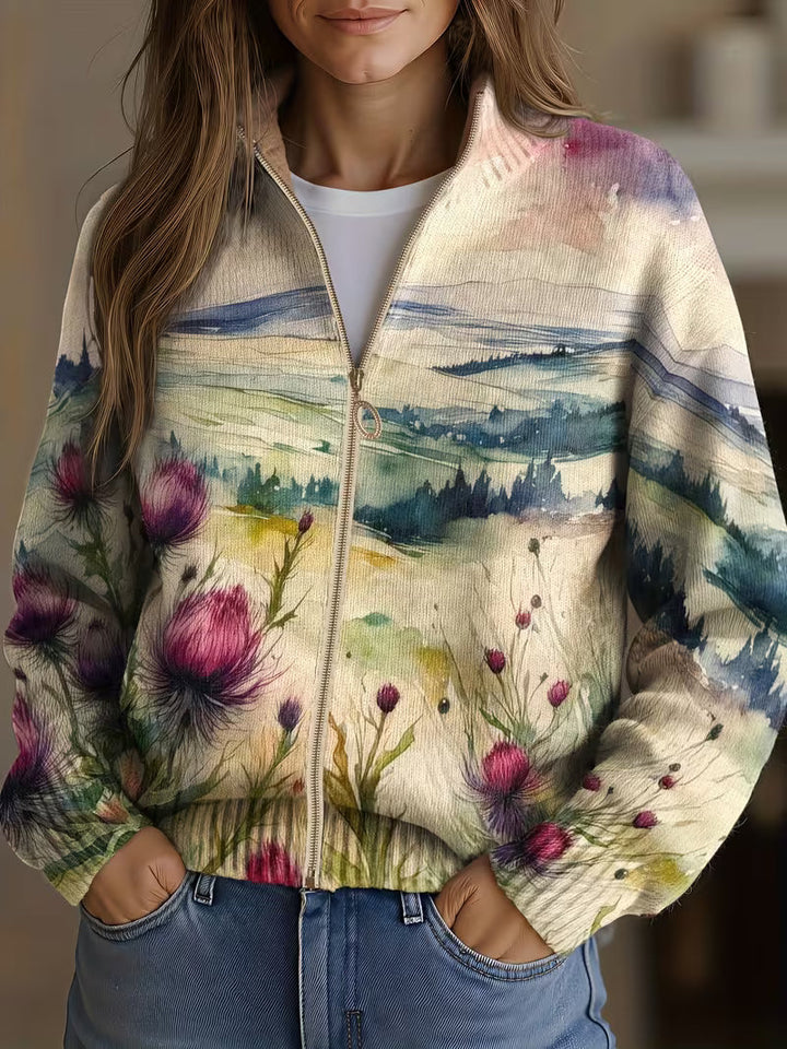 Zelda | Women's Cardigan with Watercolor Landscape and Thistle Pattern