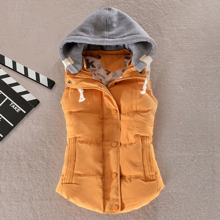 Women's fitted thermal vest with hood and snap-button placket