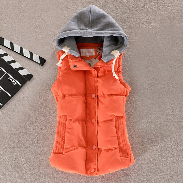 Women's fitted thermal vest with hood and snap-button placket