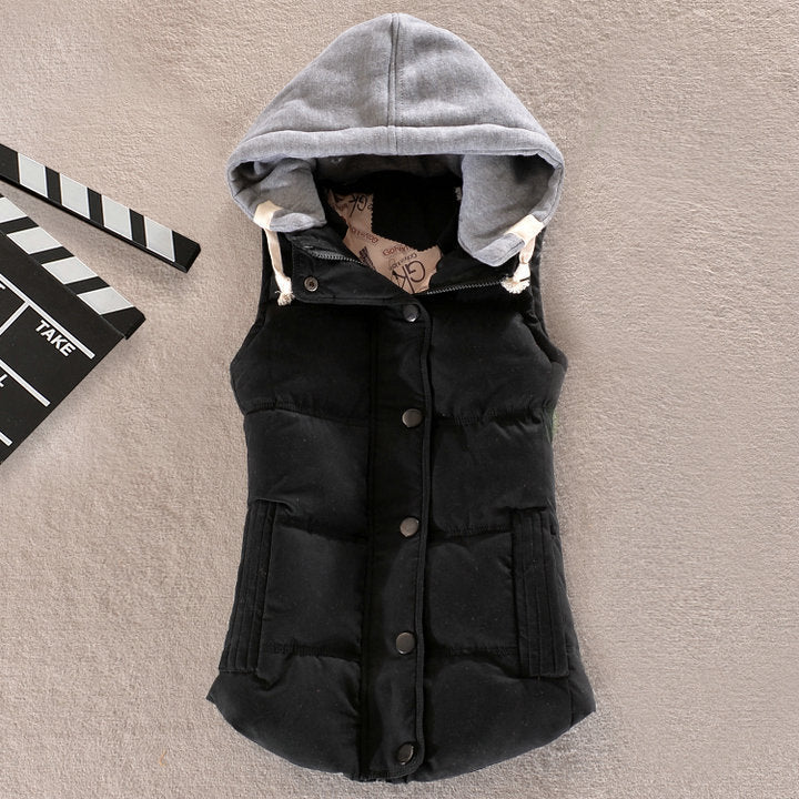 Women's fitted thermal vest with hood and snap-button placket