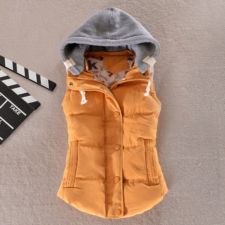 Women's fitted thermal vest with hood and snap-button placket