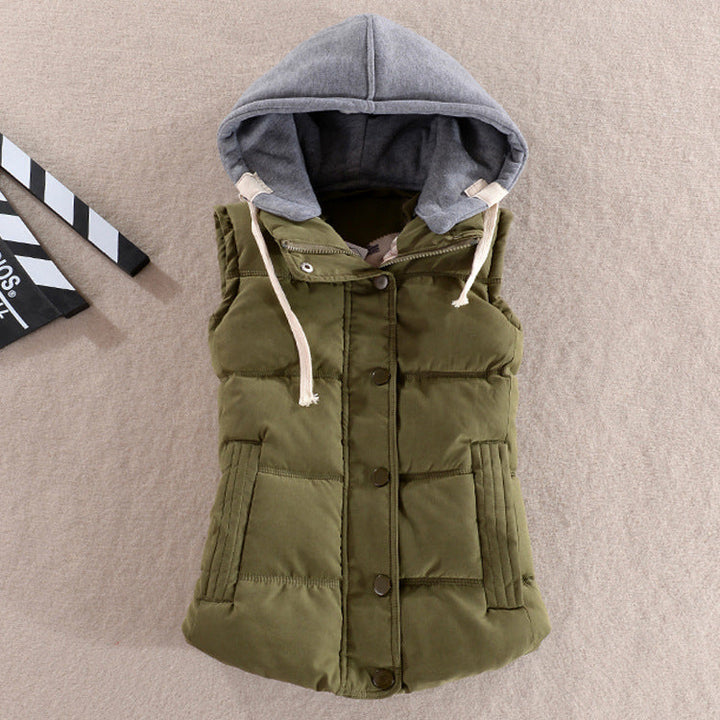 Women's fitted thermal vest with hood and snap-button placket