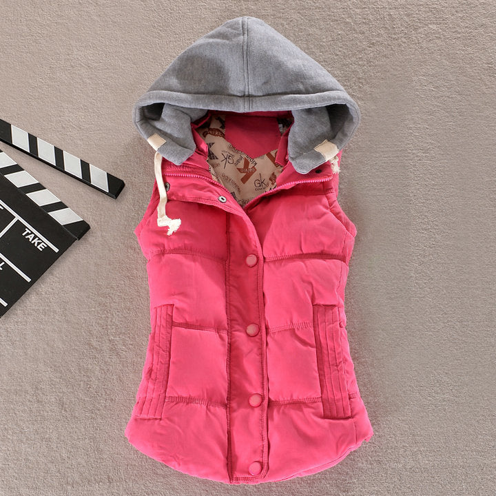 Women's fitted thermal vest with hood and snap-button placket