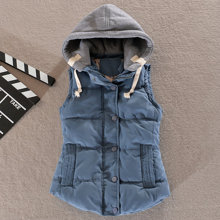 Women's fitted thermal vest with hood and snap-button placket