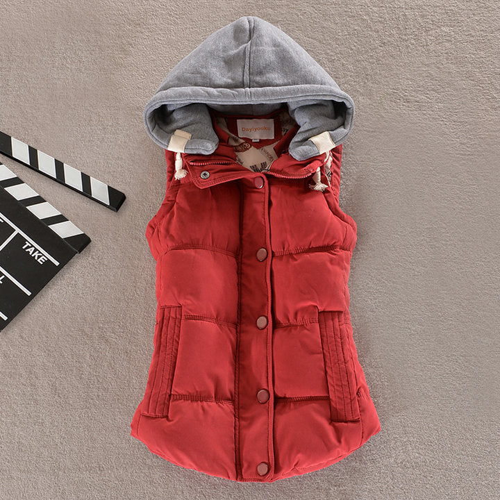 Women's fitted thermal vest with hood and snap-button placket