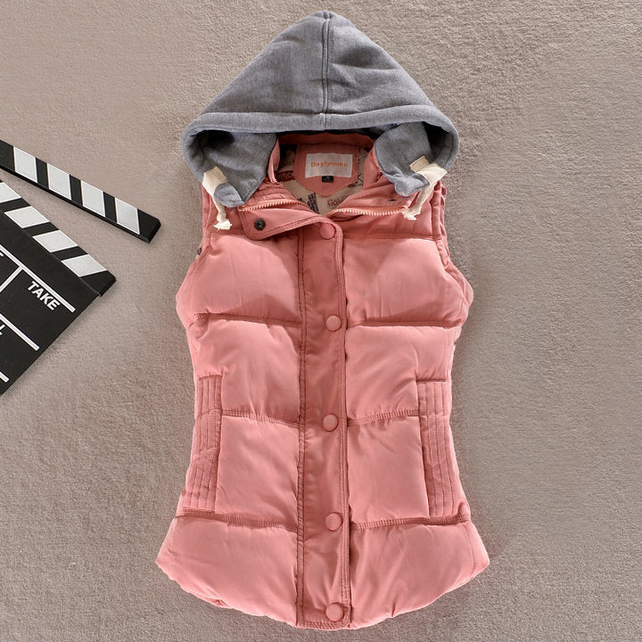 Women's fitted thermal vest with hood and snap-button placket