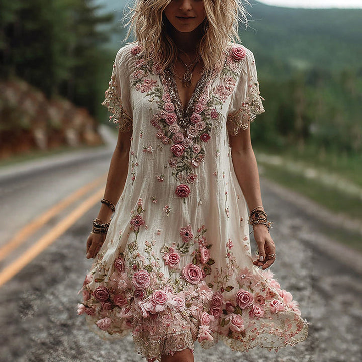 Ruby - Blossom Embroidered V-Neck Dress