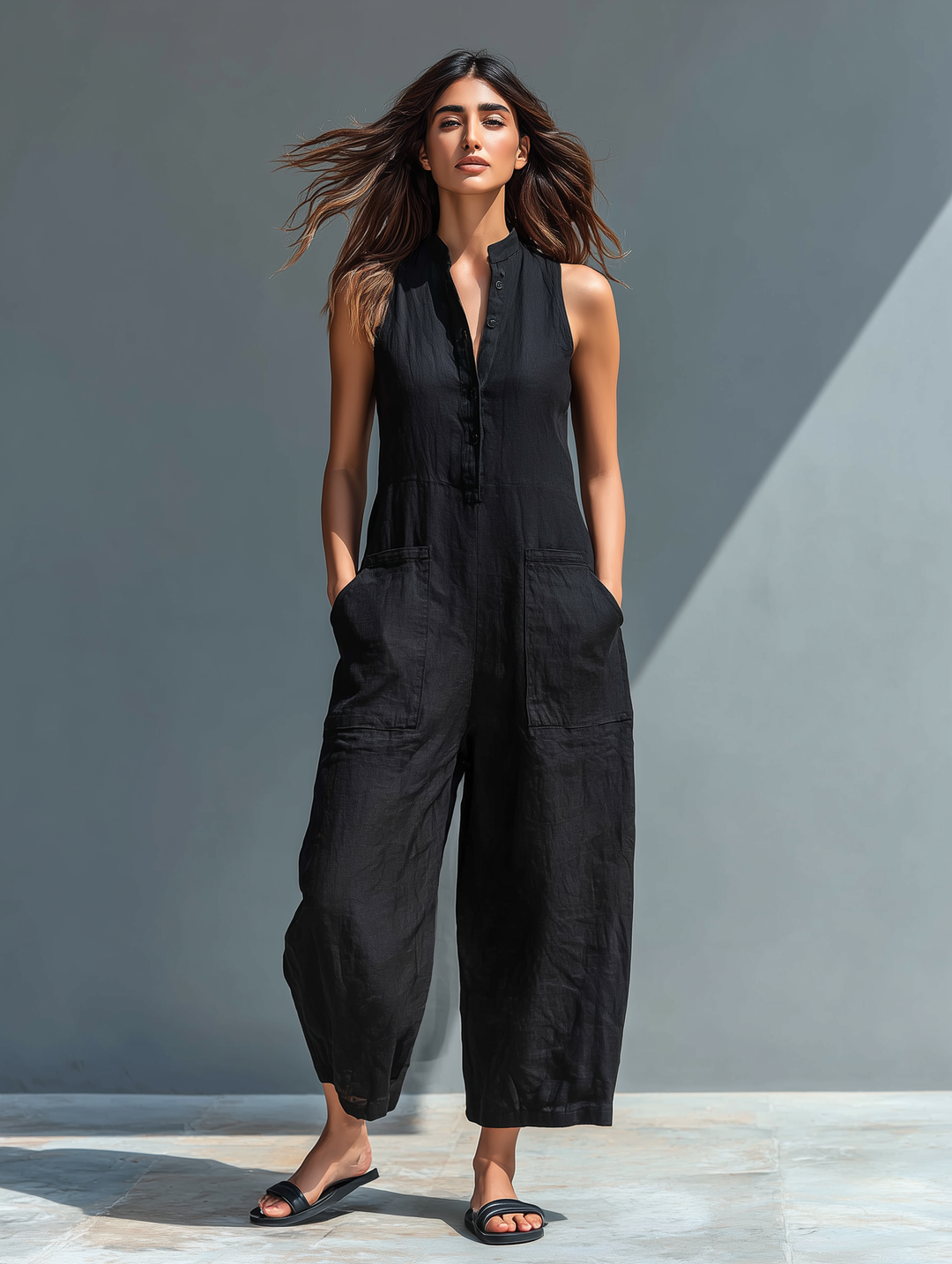 Minimalist women's jumpsuit with a stand-up collar, button placket, and a casual, loose fit